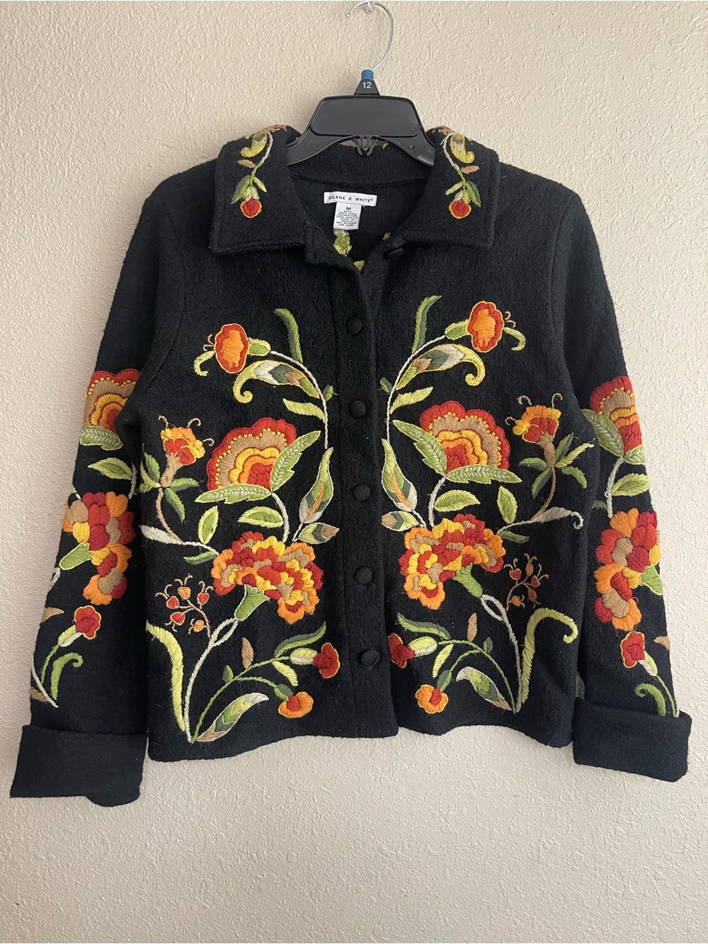 Deane & White Vintage Black 100% Wool Embroidered Floral Jacket Coat Size M